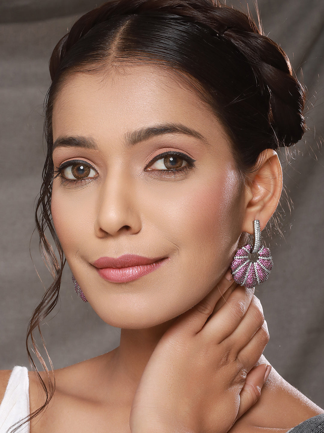 Silver Toned Red AD Studded Designer Luxe Floral Chandelier Hoop Earrings